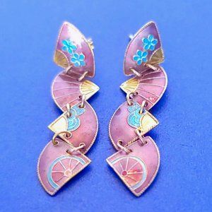 Shashi Fan Earrings Cloisonné Enamel 925 Sterling Silver Vermeil Chinese Exp 70s
